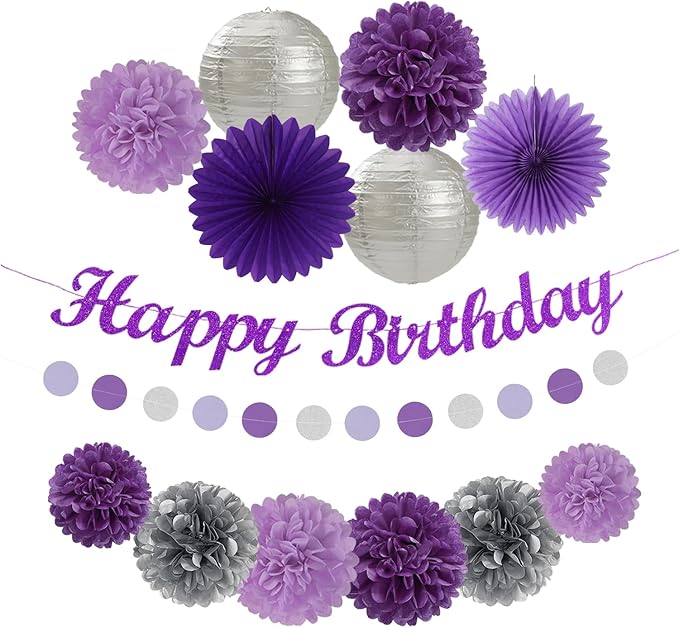 Purple Silver Birthday Party-Decorations Paper-Flowers - 14pcs Happy Banner Lavender Lanterns Tissue Pom Poms,Lilac Streamers Garland Fans,Women Girls Adult Kids Office Hanging Supplies Decor Hugfond-Ruum Studio Home