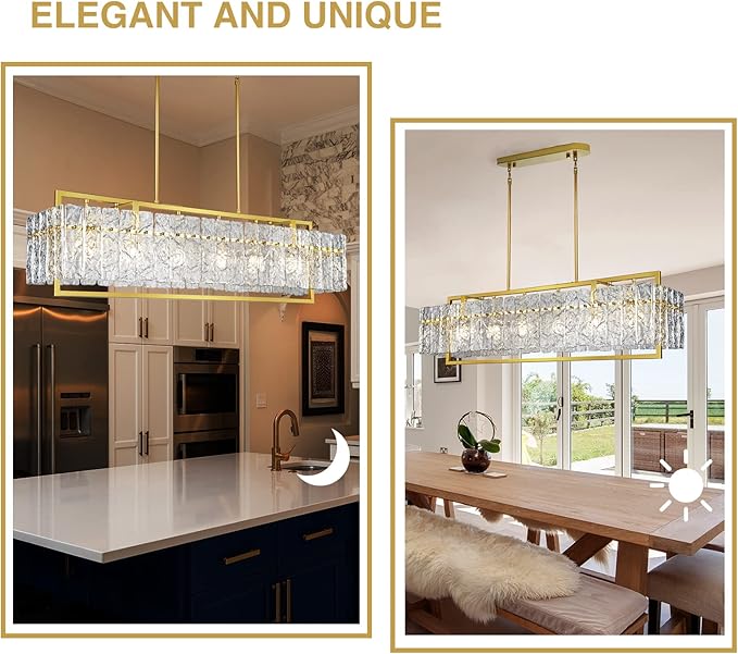 IKK Modern Rectangle Gold Crystal Chandeliers for Dining Room, 42" Large Rectangular Water Ripple Glass Island Light Fixture, Elegant Linear Lighting for Kitchen Island, Living Room, L42 x W11 x H12-Ruum Studio Home