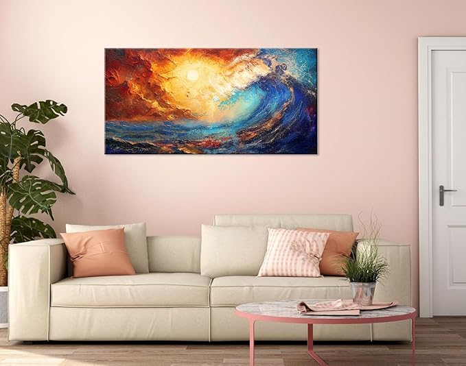 LASMOND Abstract Ocean Wall Art for Living Room Beautiful Blue Sea Wave Seawater Colorful Sky Landscape Wall Art Decor Artwork Bedroom Office (40 x 20 Inches)-Ruum Studio Home