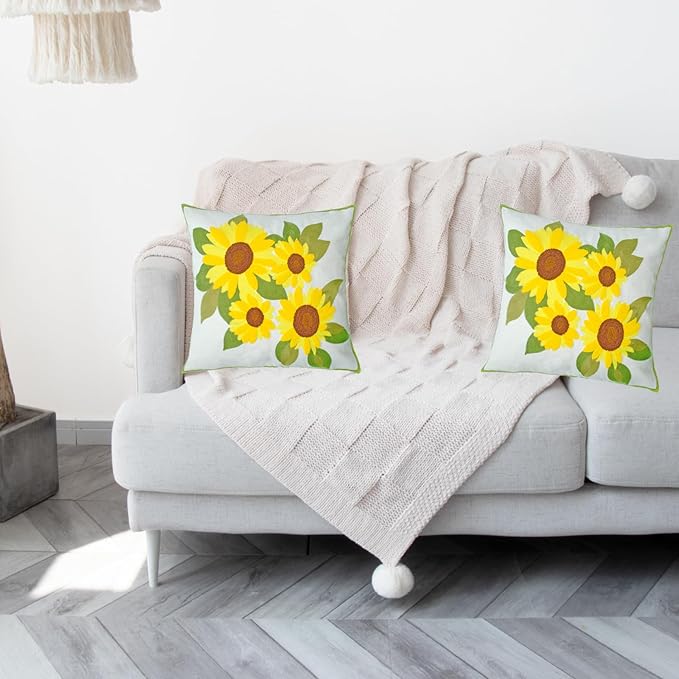 Embroidered Decorative Throw Pillow Cover, 18"x18" Set of 2, Farmhouse Pillowcase Yellow Sunflower Knit Pattern Cotton Canvas Cushion Case Square Floral Pillow Case for Sofa Couch Bed Living Room-Ruum Studio Home