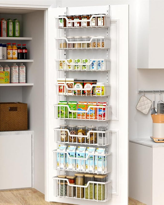 Over The Door Pantry Organizer, 8-Tier Pantry Door Organizer Shelves | 3 Sizes | Adjustable Basket | Metal Hanging Spice Rack for Kitchen, Pantry, Cabinet, Back of Door Seasoning Rack, White-Ruum Studio Home