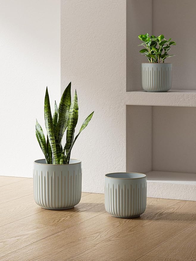 LE TAUCI Fluted Ceramic Planters Set of 3 – 8.3/7 / 5.7 in Star White Reactive Cylinder Indoor Plant Pots with Drainage Plug & Mesh, Glossy Stoneware Flower Pots for Succulents Herbs-Ruum Studio Home