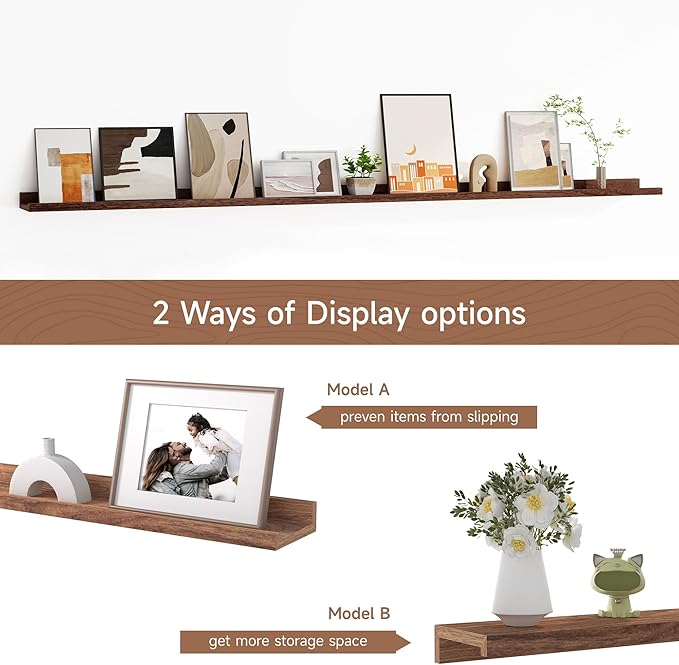 Floating Picture Ledge Shelves for Wall Set of 2, 72 Inches Picture Ledge Shelf with Long Large Nursery Book Shelf for Toys Storage Kids Bookshelf Wall Mounted Living Room Bedroom Decor Frames, Walnut-Ruum Studio Home