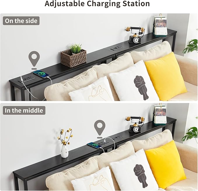 ELYKEN 5.9" Narrow Console Sofa Table with Power Outlets, 5.9" Dx39.4 Wx31.1 H Long Black Behind Couch Table with Metal Frame and Charge Station with 6.5’ Extension Cord-Ruum Studio Home