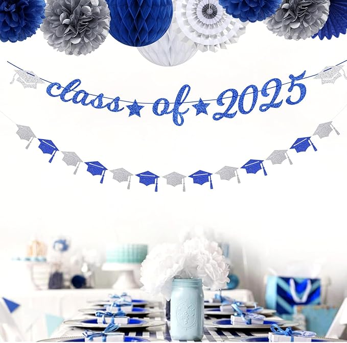 Navy-Blue White-Silver Party-Decoration Graduation Banner - 14pcs Kits Cap Garland Streamers, Royal Paper Tissue Pom Poms Flowers Fans Honeycomb,Class Of 2025 College High School Grad Decor Hugfond-Ruum Studio Home