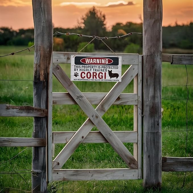 Funny Warning Sign - The Property is Protected By Highly Trained Corgi - Decorative Wood Hanging Plaque, Wall Decor, Owner Home Decor, Door Gate Hanger, Front Porch Sign-Ruum Studio Home