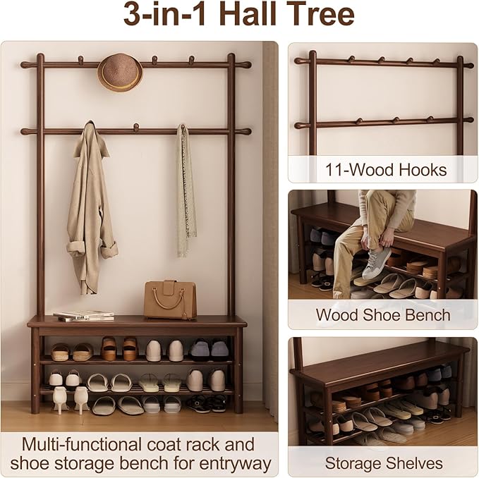 Hall Tree, Coat Rack with Shoe Storage, Wooden Hall Tree with Bench, 11 Hooks and 2-Tier Storage Shelves, Entryway Bench with Coat Rack (39.3" - Deep Walnut)-Ruum Studio Home