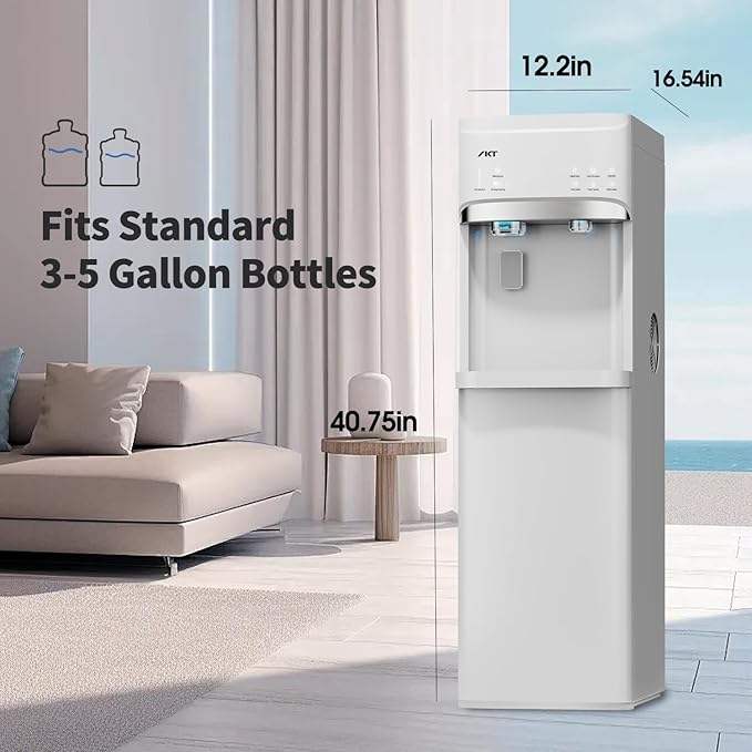 IKT Self-Cleaning Hot Cold and Room Water Cooler Dispenser and Maker Bottom Loading for 5 Gallon Bottle with Energy Saving Mode 22lbs Within 24hrs White-Ruum Studio Home