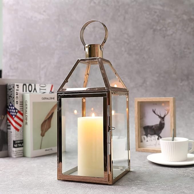 JHY Design Rose Gold Decorative Lanterns 16 inch High Stainless Steel Candle Lanterns with Tempered Glass for Indoor Outdoor Events Parities and Weddings-Ruum Studio Home