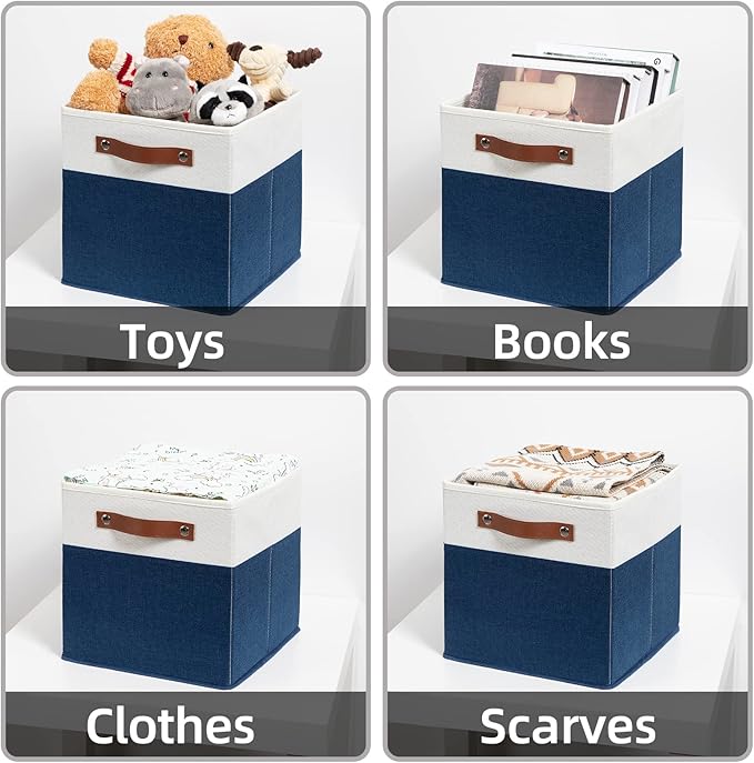 HNZIGE Cube Storage Bins Basket for Shelves Set of 4, Fabric Storage Cubes Baskets Closet Storage Bins for Cube with Handles, Cubby Storage Bins Baskets for Organizing Home and Office (White Blue)-Ruum Studio Home