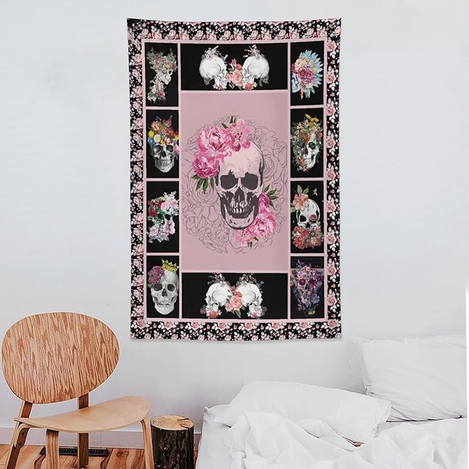 yowecso Sugar Skull Tapestry Horror Skeleton Tapestry Wall Hanging for Bedroom Rose Skull Tapestries Aesthetic Wall Decor for Home Dorm Living Room 40"x60"-Ruum Studio Home