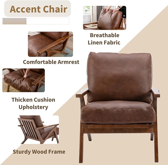 HNY Mid Century Arm Chair, Retro Accent Armchair with Wood Frames & Faux Leather Upholstered Removable Cushions, Leisure Reading Chair Slipper Chair for Living Room Bedroom, Brown-Ruum Studio Home