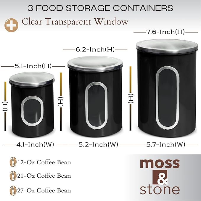 Moss & Stone 3-Piece Black Canisters Sets For The Kitchen, Airtight Canister Set With See Through Window, Storage Jars for Coffee Container, Tea Organizer & Sugar Canister, Black Kitchen Canisters-Ruum Studio Home