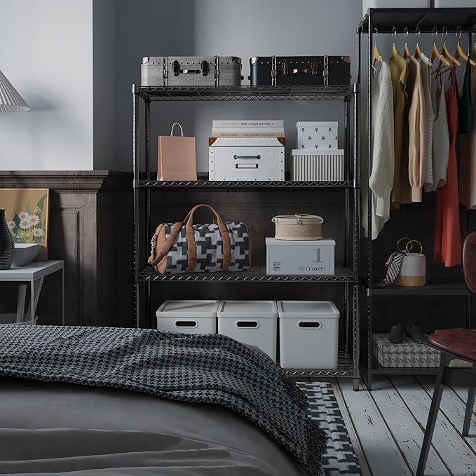 IZEUK 1400 LBS Garage Black Shelving Wide Storage Shelves 4 Tier Adjustable Heavy Duty Metal Wire Rack Standing Shelf Unit for Kitchen Office College Dorm Garage Warehouse 15.8" x 45.8"x 59.4"-Ruum Studio Home