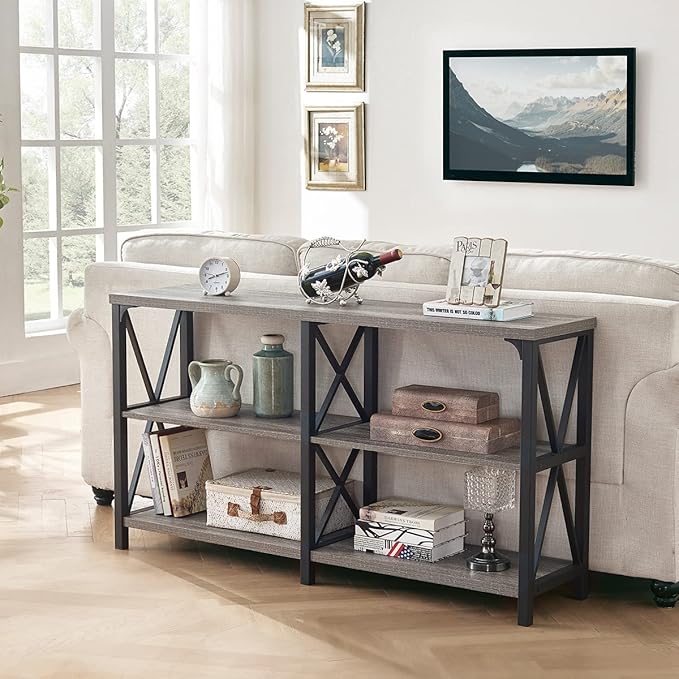 LVB Rustic Sofa Table, Farmhouse Console Table for Living Room, Hallway entryway Table with Storage, Entry Table for Foyer, Light Grey Oak, 55 Inch-Ruum Studio Home