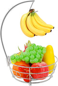 Livabber Countertop Fruit Basket Bowl with Banana Hanger, Modern Standing Fruit Vegetable Bowl Storage, with Banana Tree Holder for Kitchen Dinning Table (Round Metal, Chrome)-Ruum Studio Home
