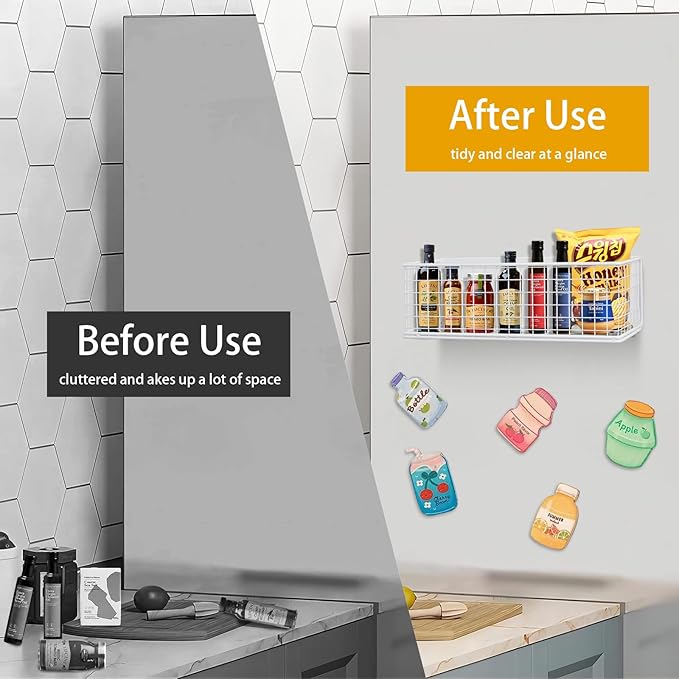 Magnetic Stotage Basket, Magnetic Shelf for Fridge, Magnetic Spice Rack Wire Mesh Magnetic Organizer Holder Accessories for Office Kitchen Classroom Storage,White, 9.44" x 4" x 3.14"-Ruum Studio Home