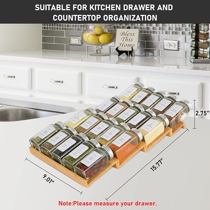 Spice Drawer Organizer with 18 Spice Jars,216 Labels,50 Non-slip Rubber, Bamboo 4 Tier Seasoning Rack Tray Insert for Kitchen Drawers,Cabinets,Countertop,9" Wide x 15.8" Deep-Ruum Studio Home