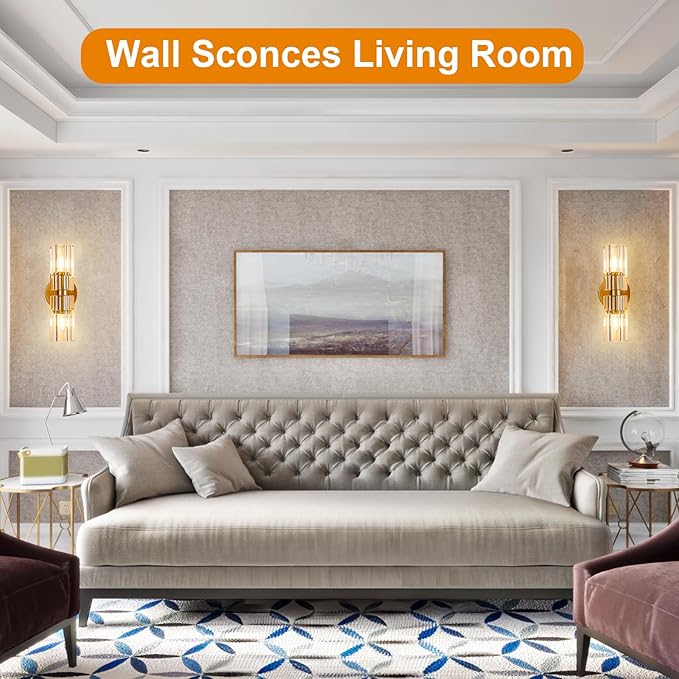 Gold Crystal Wall Sconces Set of Two, Wall Sconce Set of 2, Brass Sconces Wall Lighting with K9 Crystal Lampshade, Wall Lights for Bedroom Living Room Bathroom Hallway-Ruum Studio Home