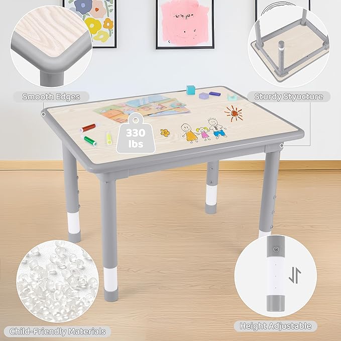 Kids Table and 2 Chairs Set, Height Adjustable (17.7"-26.1") Toddler Table and Chair Set, Multi-Activity Table with Graffiti Desktop, Children’s Table and Chairs for Classroom, Home & Daycare-Ruum Studio Home