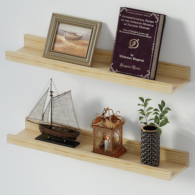SAUMONIERES Picture Ledge Shelf Floating Book Shelves Set of 2 Wall Mounted Solid Wood for Bedroom Bathroom Living Room Kitchen, 24 Inch Natural-Ruum Studio Home