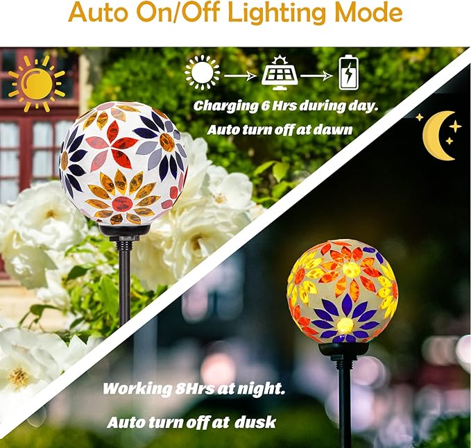 Afirst Solar Lights Outdoor Decorative - Solar Gazing Ball Mosaic Garden Stakes Flower Decorative Lights Waterproof for Pathway Yard Lawn Decoration Orange-Ruum Studio Home