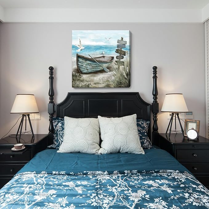 Canvas Wall Art Beach Décor Wall Picture Rustic Coastal Sand Canvas Print Ocean Nautical Painting Seascape Sea Bird Vintage Ship Boat Artwork for Seaside Living Room Bedroom Bathroom Decor Blue Large-Ruum Studio Home