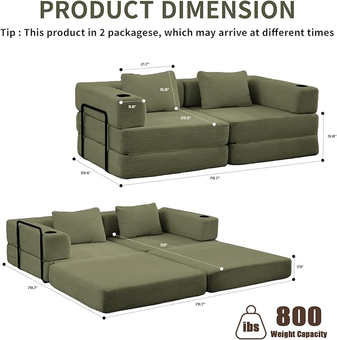 78" W Loveseat Sofa, 4 in 1 Convertible Floor Sofa Bed, Boneless Cloud Couch with Cup Holder, Fold Out Floor Couch, Loveseat Recliner Sleeper for Living Room Bedroom Lounge(Corduroy, White)-Ruum Studio Home