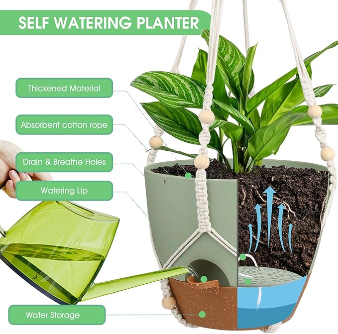 Hanging Planters for Indoor Outdoor Plants, 2 Pack Self Watering Hanging Pot with Drainage Holes, Removable Tray & 2 Kinds of Plant Hangers, 10'' Hanging Flower Pots for Home Garden Decor, Green-Ruum Studio Home