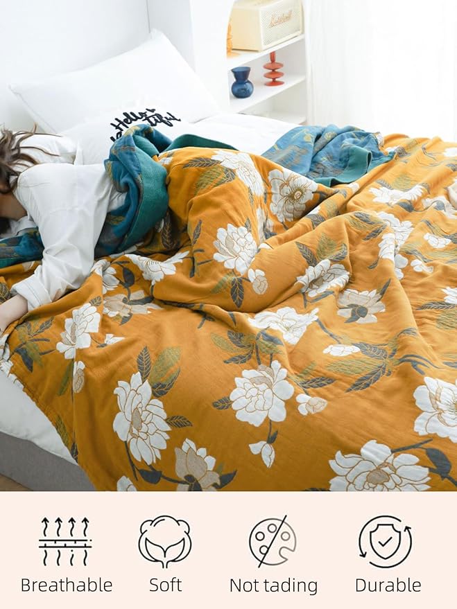 Boho Throw Blanket for Bed - 100% Pure Cotton Ultra Soft Rustic Quilt - Farmhouse Decor Bed Blankets, All Season Rustic Throw for Sofa Couch Chair(91''x 98'', Flower Branch 2)-Ruum Studio Home