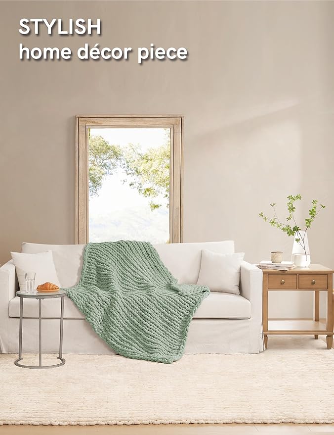 YnM Chunky Throw Blanket, Medium-Weight, Hand Knitted with Chenille Yarn, Skin Friendly, Ventilated and Breathable, Machine Washable, Home Décor Piece for Couch, Sofa and Bed (Sage Green, 30x40 Inch)-Ruum Studio Home