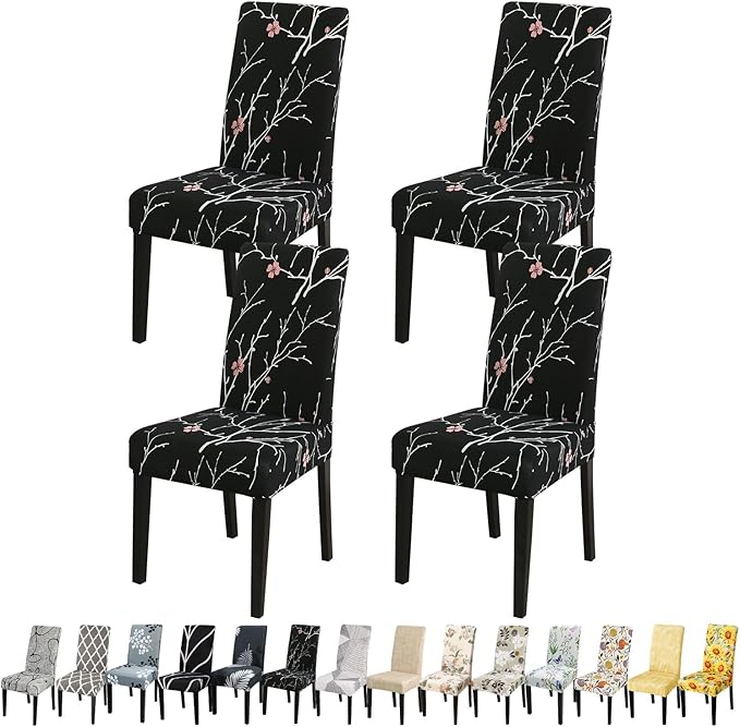 JQinHome Pattern Chair Covers for Dining Room Set of 4, High Stretch Removable Washable Parsons Chair Slipcover for Home Party Hotel Wedding Ceremony (Flourish Black,4PCS)-Ruum Studio Home