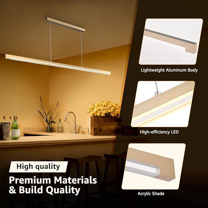40W Gold Linear Pendant Light Aluminum, 54" Dimmable Kitchen Island Lighting with Remote & App Control, Adjustable CCT (3000K-6000K), Dining Room Chandelier for Home Office Study-Ruum Studio Home