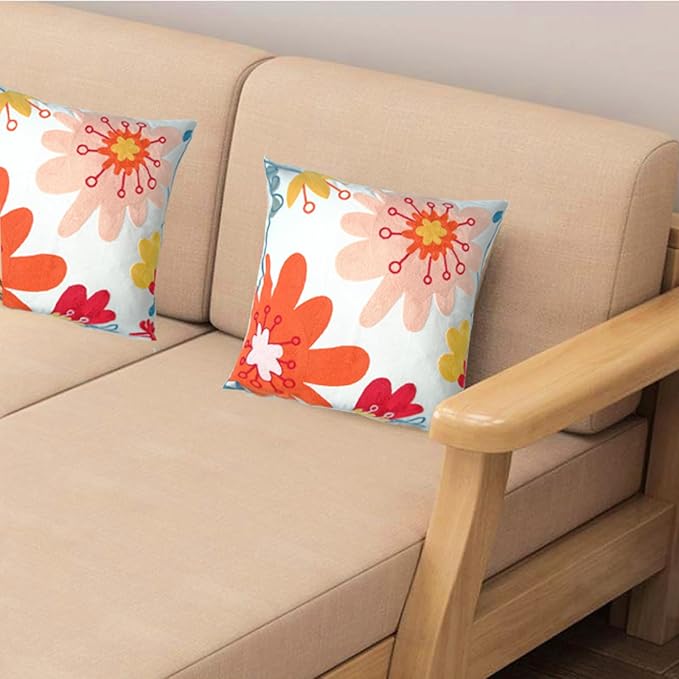 Embroidered Decorative Throw Pillow Cover, 18"x18" Set of 2, Farmhouse Pillowcase Pink Red Flower Knit Pattern Cotton Canvas Cushion Case Square Floral Pillow Case for Sofa Couch Bed Living Room…-Ruum Studio Home