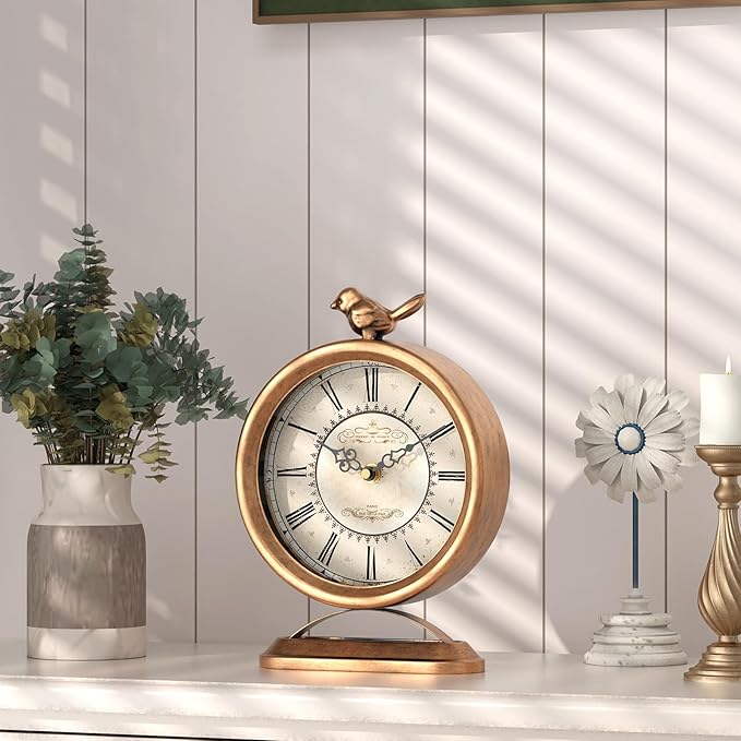 Vintage Table Clock with Bird, European Antique Style Gold Mantel Clocks, Desk and Shelf Decor Clock, for Farmhouse, Bedside, Living Room, Bedroom, Gift (9" H x 6.5" W)-Ruum Studio Home