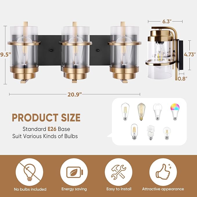 Black Gold Vanity Lights,3 Lights Bathroom Light Fixtures,Gold Finish Industrial Modern Wall Sconces 3 Lights,Bathroom Wall Lights(Bulbs not Included)-Ruum Studio Home