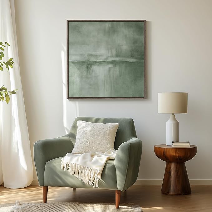 Framed Sage Green Abstract Wall Art, Modern Canvas Prints Artwork for Walls, Square Minimalist All Green Abstract Pictures for Living Room, Hallway, Fireplace, Bedroom, Home Office Wall Decor 30x30 In-Ruum Studio Home