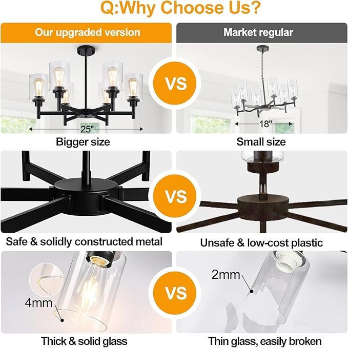 Black Chandeliers, 6 Light Dining Room Light Fixtures Over Table, Farmhouse Chandeliers for Dining Room with Clear Glass Shade for Kitchen Island Living Room Bedroom Bathroom, Height Adjustable-Ruum Studio Home