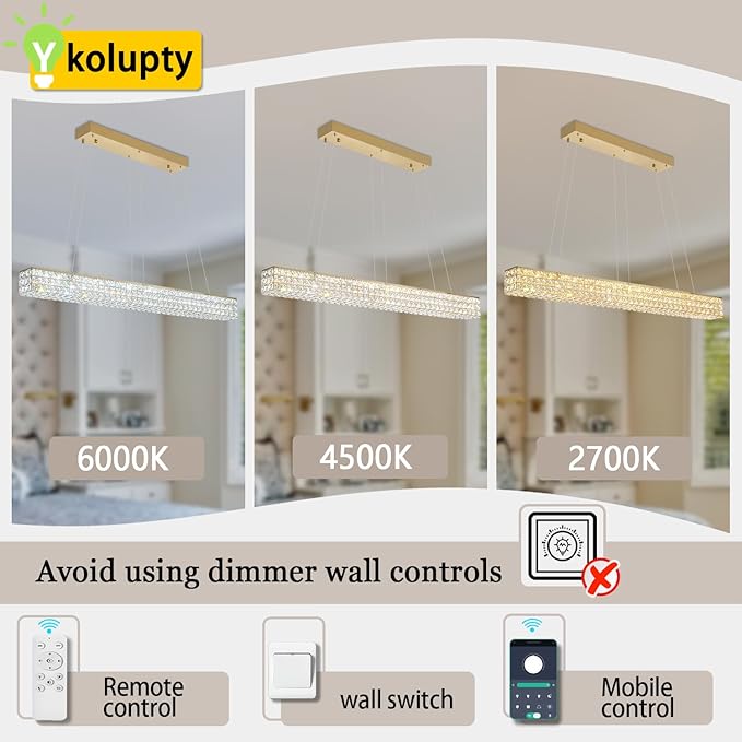 W48 Rectangular Gold Crystal Chandelier Modern Rectangle Pendant Ceiling Light Fixture for Living Room Dining Room Kitchen Island Bar-Ruum Studio Home