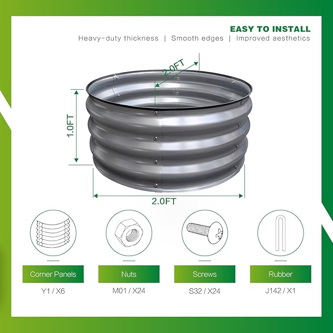 GARDMAX 2x2x1FT Galvanized Round Raised Garden Bed Kit, Metal Planter Boxes Outdoor with Easy Assembly, Large Garden Bed for Vegetables, Fruits, Flower, Herbs Silver-Ruum Studio Home