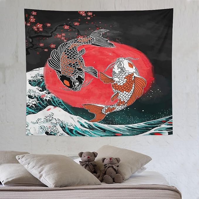 Houselerax Koi Fish Tapestries,Japanese Style Yin Yang Big Wave Cherry Blossoms Tapestry Wall Hanging for Bedroom Living Room Office Decor 60"x50"-Ruum Studio Home