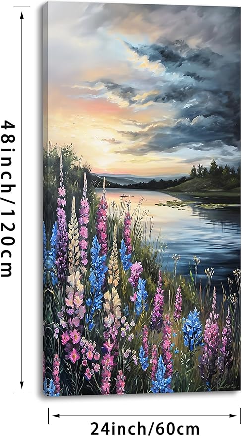 LASMOND Beautiful Colorful Grassland by Riverbank Landscape Wall Art Decor Artwork for Bedroom (24x48 Inches)-Ruum Studio Home