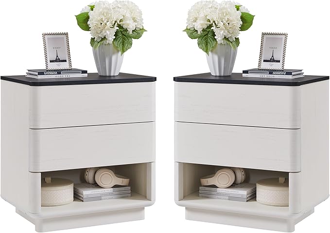 Nightstand Set of 2 with Charging Station, 22" Large Modern Bedside Table with 2 Drawers Storage,Push-to-Open End Table for Bedroom,Living Room,Off White-Ruum Studio Home