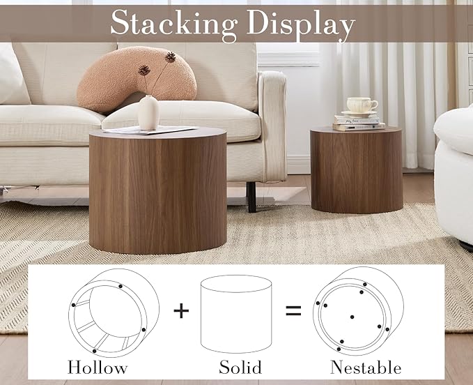 CIMOTA Round Wood Nesting Coffee Table Set of 2, Modern Circle Travertine End Side Table Sets for Living Room, Walnut Wooden Color/No Assembling-Ruum Studio Home
