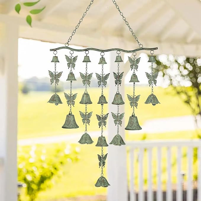 Butterfly Wind Chimes for Outside, Large Strung Verdigris Windchimes with Wrought Iron Bell for Garden, Patio, Porch Outdoor Decor, Memorial Sympathy-Ruum Studio Home