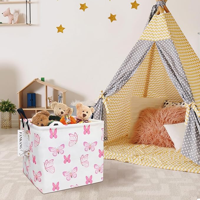 FANKANG Square Nursery Hamper Storage Bins Canvas Laundry Basket Foldable with Waterproof PE Coating Storage Baskets Gift Baskets for Children, Office, Bedroom, Clothes（Square-pink butterfly ）-Ruum Studio Home