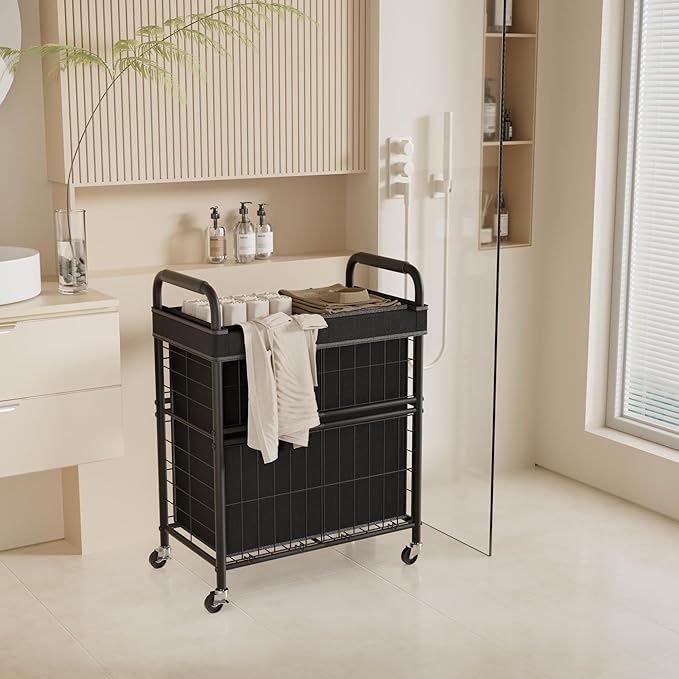 Laundry Hamper 2 Section, 110L Rolling Laundry Sorter Basket with Wheels, 2 Compartment Clothes Organizer Cart, Pull-Out Removable Bags for Laundry Room, Bathroom, Bedroom, Black-Ruum Studio Home