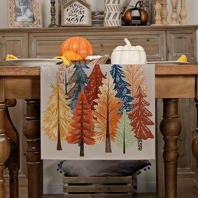 GEEORY Fall Watercolor Trees & Maple Leaves Table Runner 13x72 Inch, Rustic Farmhouse Autumn Thanksgiving Decor for Kitchen, Dining, Indoor/Outdoor Holiday Dinner Party Orange Grey GT159-72-Ruum Studio Home