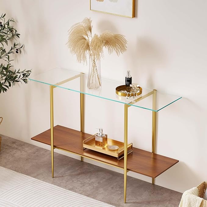 Extra Large Glass Console Table for Living Room, Foyer & Entrance, L47 x W16 x H31, Mid-Century Modern Sofa Table with Clear Glass Top, Walnut Finish Wood Top and Gold Finish Metal Frame-Ruum Studio Home
