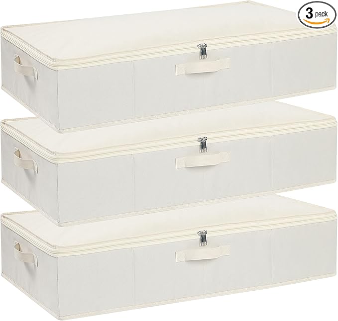 Under the Bed Storage Bins, Closet Organizers with Reinforced Handles for Blanket, Sheets, Pillows, Towels, Shoes, Beige, 3 Pack, 23.6 x 11.8 x 5.9 Inch-Ruum Studio Home